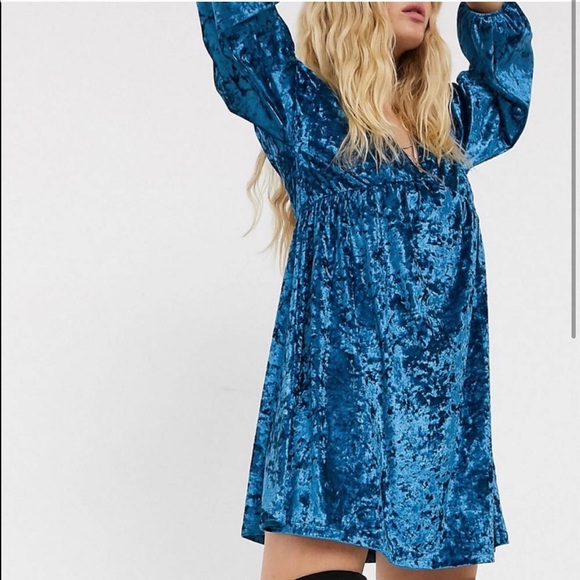 ASOS Dresses & Skirts - ASOS BLUE VELVET LONG SLEEVES TUNIC DRESS SIZE 10